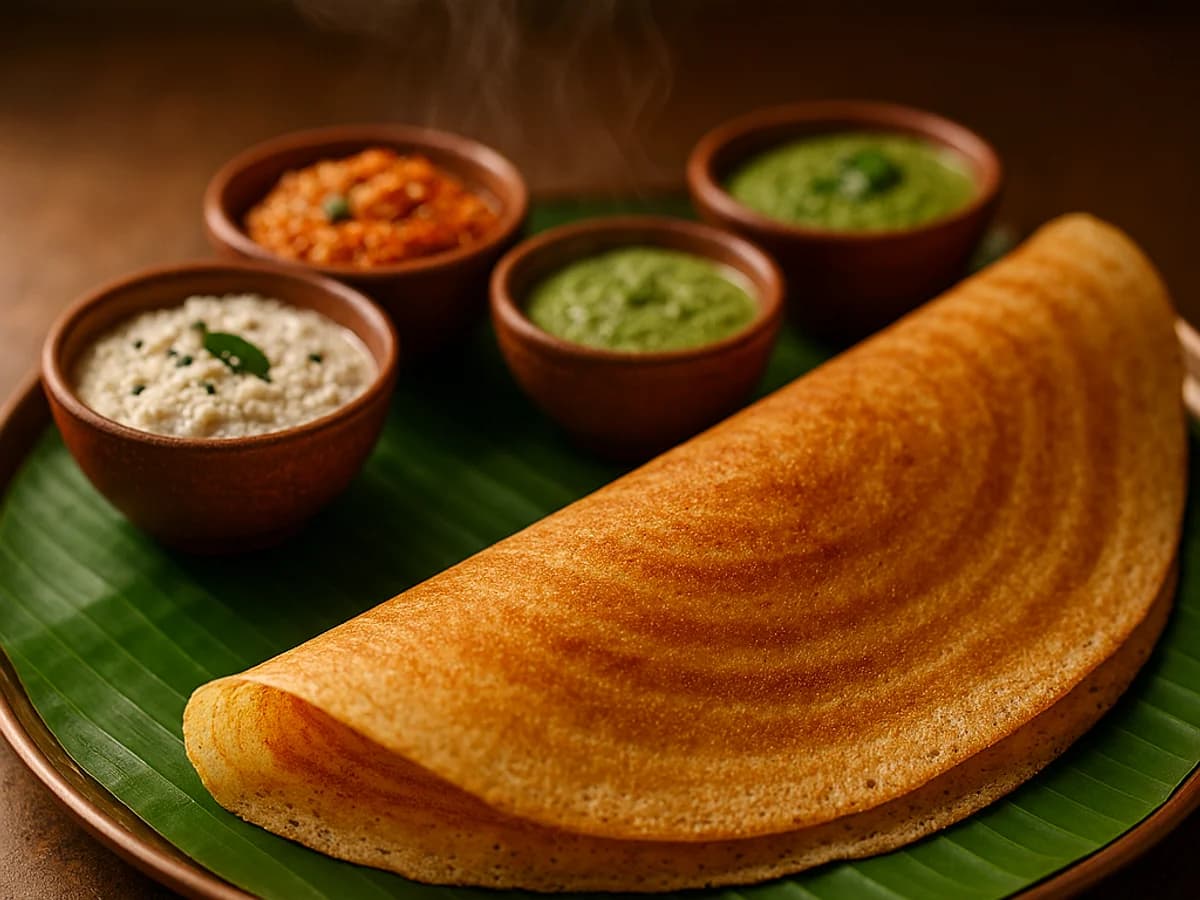 Crispy masala dosa with sambar, tomato chutney and coconut chutney at Vindhya Bhavan Restaurant, Abu Dhabi