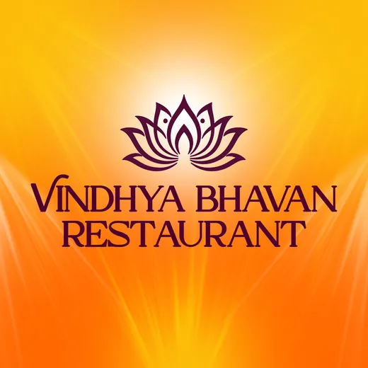 Vindhya Bhavan Restaurant lotus logo on saffron sunburst background
